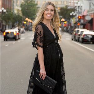 Black Lace Mesh Overlay Maternity Maxi Dress